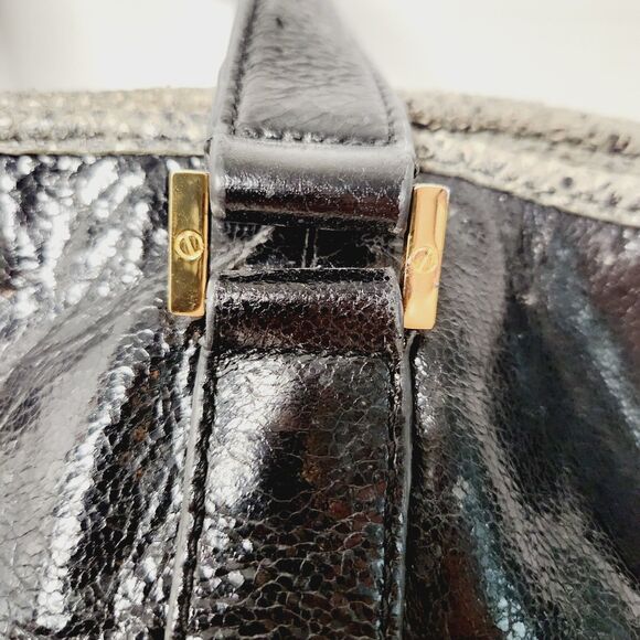 Tory Burch Black Patent Leather Snakeskin Trim Gold Hardware Shoulder Bag Tote - Picture 7 of 16